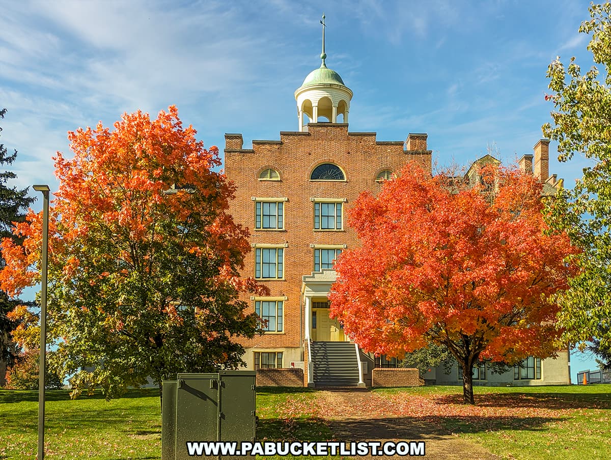 Rear view of the Seminary Ridge Museum in Gettysburg, PA, featuring the historic brick building with its distinctive cupola. The scene is framed by vibrant autumn foliage, with two large trees displaying bright red and orange leaves. The building's symmetrical architecture and the clear blue sky add to the picturesque setting.