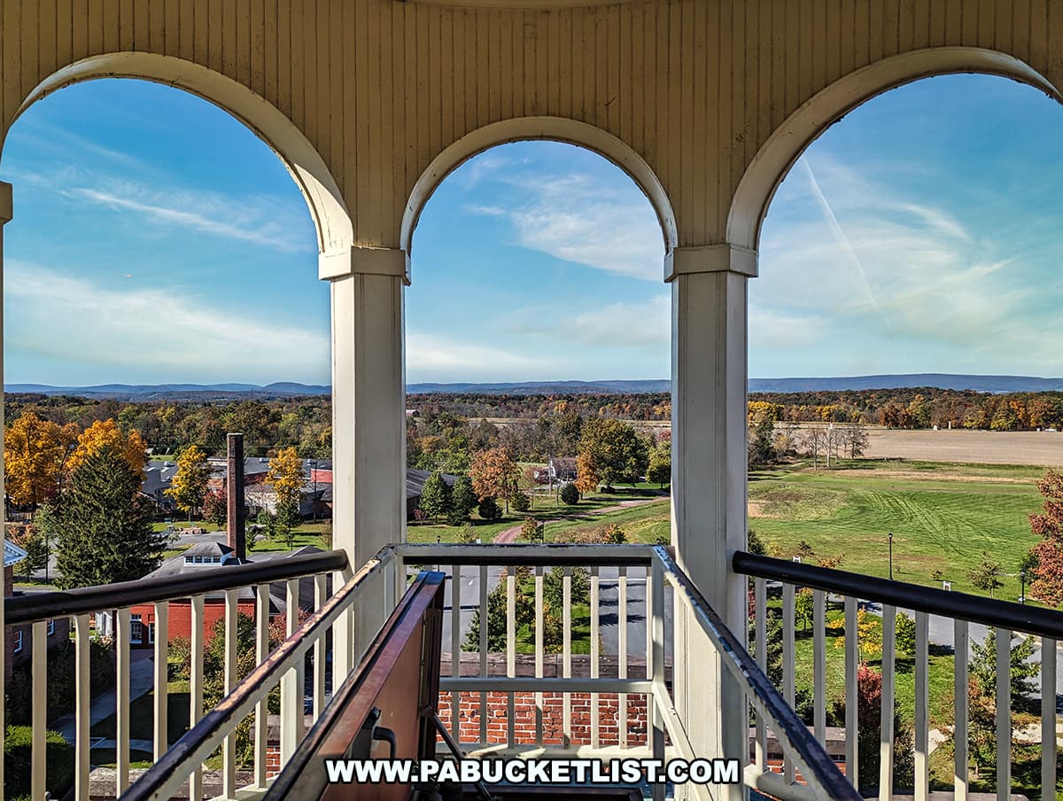 View from the cupola of the Seminary Ridge Museum in Gettysburg, PA, looking west over the surrounding landscape. The scene is framed by the arches and railings of the cupola, showcasing a panoramic view of fields, trees with autumn foliage, and distant hills under a bright blue sky with a few wispy clouds. The historic buildings and rural setting add to the picturesque and serene atmosphere.