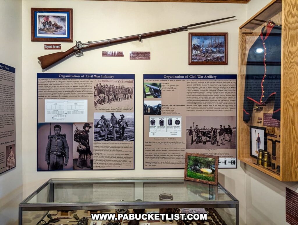 Exhibit at Monterey Pass Battlefield Park and Museum in Franklin County, Pennsylvania, featuring displays on the organization of Civil War infantry and artillery. The exhibit includes informational panels with photographs, diagrams, and descriptions, as well as a rifle mounted on the wall and a uniform displayed in a glass case. A glass display case contains various Civil War artifacts, providing a comprehensive look at the military structure and equipment used during the war.