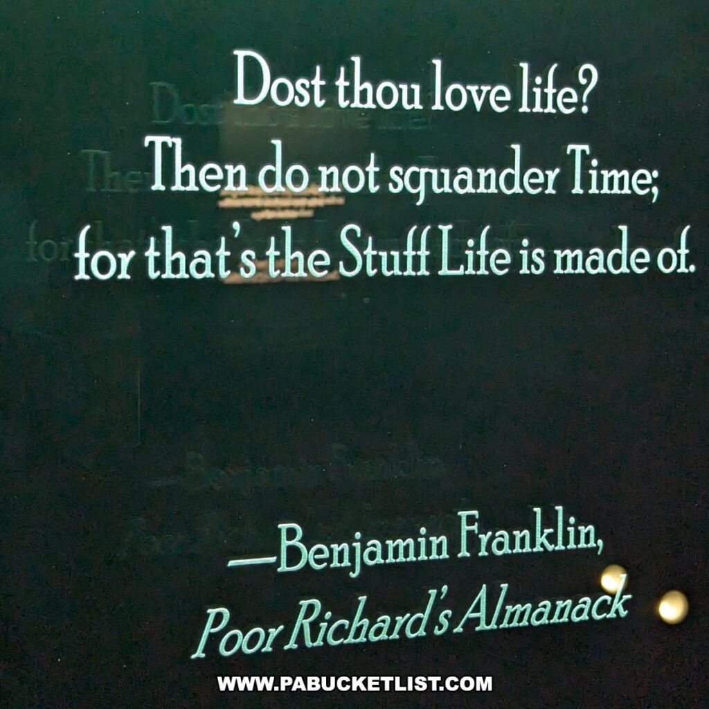 A quote from Benjamin Franklin's "Poor Richard's Almanack" displayed at the National Watch and Clock Museum in Lancaster County, Pennsylvania. The quote reads, "Dost thou love life? Then do not squander Time; for that’s the Stuff Life is made of." The text is presented in a classic, serif font on a dark background, emphasizing the importance of time in relation to life. The display serves as a thoughtful reminder of the museum's theme and the significance of timekeeping throughout history.