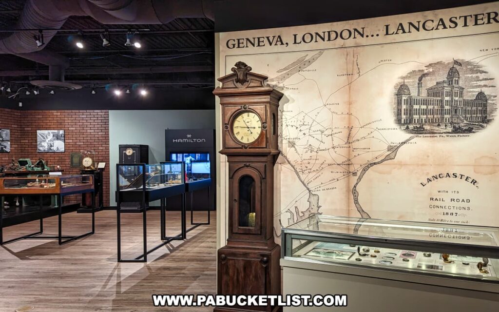 An exhibit at the National Watch and Clock Museum in Lancaster County, Pennsylvania, highlighting the history of watchmaking in the Lancaster region. The display features a large map on the wall with the title "Geneva, London... Lancaster," showcasing Lancaster's rail road connections in 1887. In front of the map stands a tall grandfather clock with a wooden case and a prominent clock face. To the left, various display cases house historical timepieces and watchmaking tools, with a dedicated section for Hamilton watches. The exhibit is set in a well-lit room with a wooden floor, allowing visitors to explore the rich heritage of watchmaking in the region.