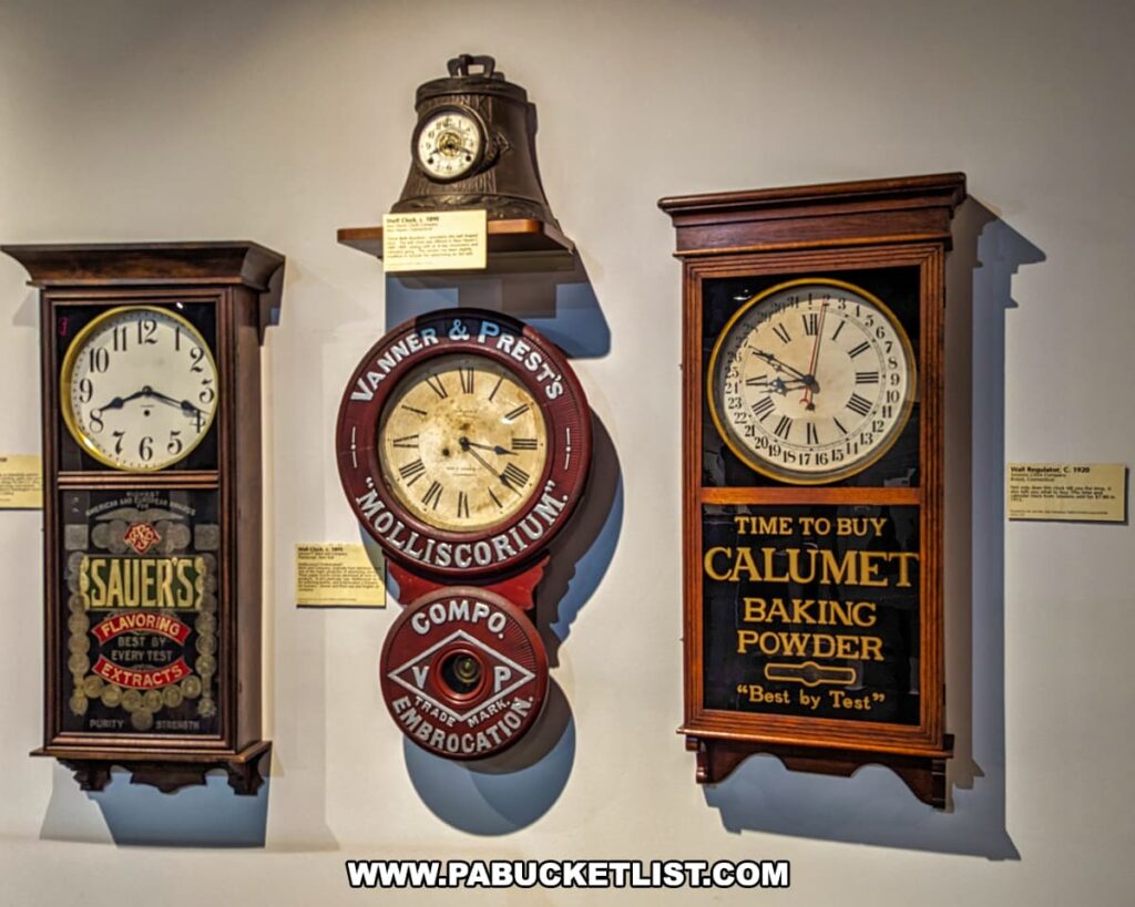 The image shows a display of vintage advertising clocks at the National Watch and Clock Museum in Lancaster County, Pennsylvania. Three clocks are prominently featured. On the left is a clock advertising "Sauer's Flavoring Extracts" with a black and gold design. The center clock, with a circular face and red casing, advertises "Vanner & Prest's Molliscorium." The right clock, with a wooden frame, advertises "Calumet Baking Powder" with the slogan "Best by Test." Each clock has a descriptive plaque detailing its history and significance. The background is a simple beige wall, highlighting the intricate designs and historical value of the clocks.