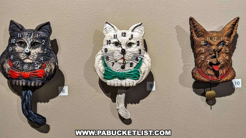 Three whimsical cat-themed novelty clocks are displayed at the National Watch and Clock Museum in Lancaster County, Pennsylvania. Each clock features a cat's face with the clock dial integrated into the design. The left clock depicts a gray cat with a red bow tie, marked with number 8. The center clock shows a white cat with a green bow tie, labeled number 9. The right clock features a brown, furry cat with an open mouth, showing a playful expression, and is marked with number 10. The background is a neutral wall, highlighting the unique and creative designs of these clocks.