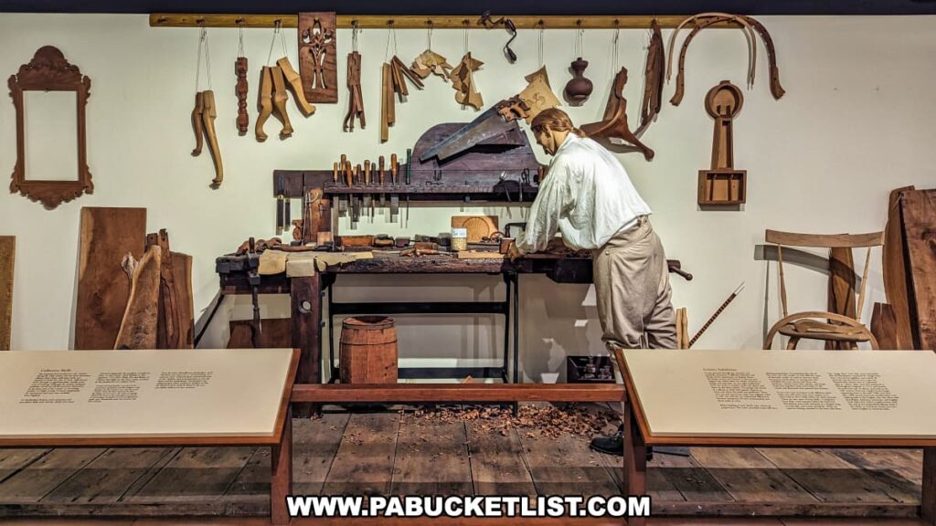 A diorama at the National Watch and Clock Museum in Lancaster County, Pennsylvania, depicting a clockmaker's workshop. The scene features a mannequin of a clockmaker in period clothing, bent over a workbench, engrossed in his craft. The workbench is cluttered with various tools and materials used in clockmaking. Above the bench, a variety of wooden clock parts and templates are neatly hung on the wall. The background includes additional woodworking tools and unfinished pieces of wood, showcasing the meticulous and detailed process of creating timepieces. Informational plaques in the foreground provide context and historical details about the clockmaking process.