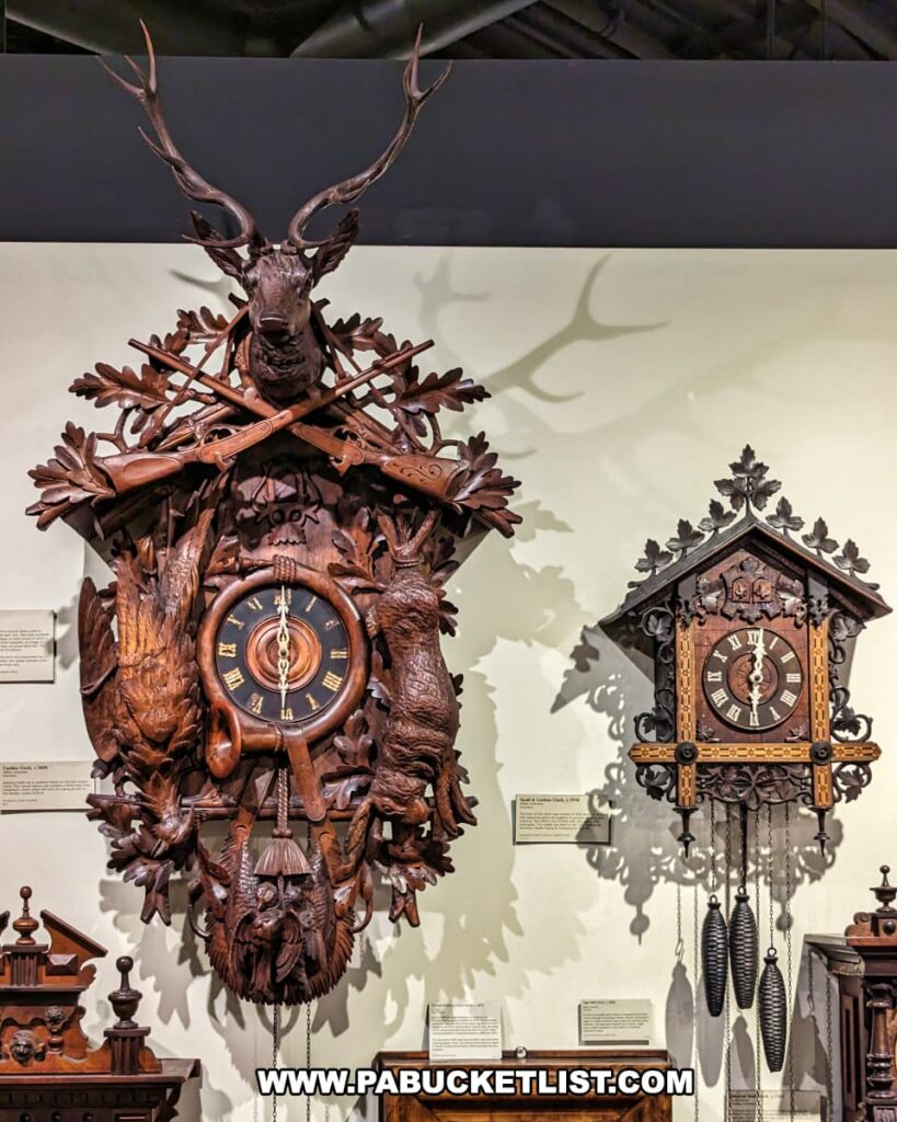 A display of intricately carved cuckoo clocks at the National Watch and Clock Museum in Lancaster County, Pennsylvania. The left clock features a large, elaborate design with a prominent stag head at the top, crossed rifles, and detailed carvings of woodland creatures and leaves. The clock face has Roman numerals and a small birdhouse entrance. The right clock is smaller, with a simpler design but still showcases detailed woodwork, including foliage patterns and a traditional cuckoo mechanism with weights hanging below. Descriptive plaques provide historical context and details about each clock's craftsmanship and origin. The background is a plain wall, allowing the elaborate designs of the cuckoo clocks to stand out.