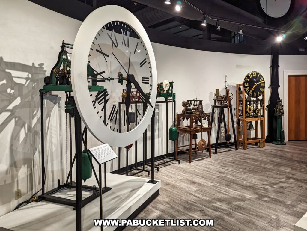 An exhibit at the National Watch and Clock Museum in Lancaster County, Pennsylvania, displaying a collection of early mechanical clocks. The foreground features a large white clock face with Roman numerals, connected to intricate green and brass mechanisms. Behind it, a row of various historical clock mechanisms is arranged on stands, showcasing the evolution of timekeeping technology. Each piece highlights the detailed craftsmanship and engineering from different time periods. The exhibit is set against a clean, white wall with a well-lit environment, allowing visitors to appreciate the complexity and beauty of these early mechanical clocks. An informational plaque provides context and historical details about the exhibit.