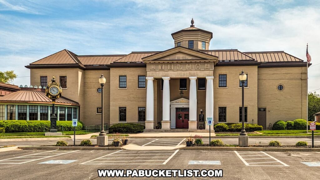 The exterior of the National Watch and Clock Museum in Lancaster County, Pennsylvania. The building features a neoclassical design with a central entrance flanked by four large white columns supporting a pediment. The structure is symmetrical, with additional wings on either side and a prominent cupola on the roof. To the left of the main building, a traditional street clock is displayed in a landscaped area. The museum is surrounded by neatly trimmed bushes and has a few lamp posts in front. The sky above is clear, providing a bright and welcoming atmosphere for visitors. The parking lot in the foreground includes designated accessible parking spaces.