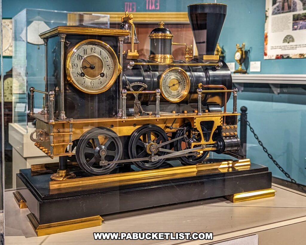 A unique locomotive-shaped clock on display at the National Watch and Clock Museum in Lancaster County, Pennsylvania. The intricate timepiece features a detailed miniature steam engine design with a clock face integrated into the front of the locomotive. The clock has a black and gold color scheme, with polished brass elements adding to its elaborate construction. The wheels and other components of the train are meticulously crafted, reflecting the artistry and precision of its creation. The exhibit is housed in a glass case with a blue background, allowing visitors to closely examine the craftsmanship and mechanical ingenuity of this unusual timekeeping device.