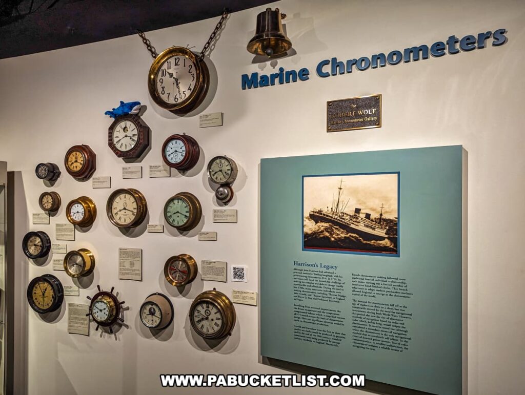 An exhibit at the National Watch and Clock Museum in Lancaster County, Pennsylvania, dedicated to marine chronometers. The display features a variety of maritime timepieces mounted on a white wall, each with a descriptive plaque detailing its history and function. The collection includes different styles and sizes of chronometers, highlighting their evolution over time. A large informational panel titled "Harrison's Legacy" explains the significance of these instruments in maritime navigation, accompanied by an image of a historic ship at sea. Above the display, a sign reads "Marine Chronometers," with a dedication plaque to Robert Wolf. The exhibit showcases the crucial role of chronometers in ensuring accurate timekeeping for naval expeditions.