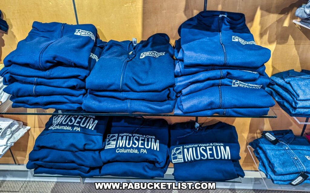 A display of folded blue hoodies and sweatshirts at the gift shop of the National Watch and Clock Museum in Lancaster County, Pennsylvania. The garments feature the museum's logo and the text "National Watch and Clock Museum, Columbia, PA" prominently printed on the front. The display includes multiple stacks of apparel neatly arranged on shelves, offering visitors branded merchandise as souvenirs. The background includes wooden display units, adding to the cozy and inviting atmosphere of the gift shop.