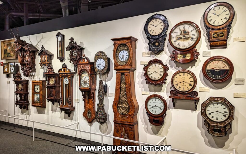 An exhibit at the National Watch and Clock Museum in Lancaster County, Pennsylvania, showcasing a collection of ornate wall clocks. The display features a variety of elaborately designed clocks, each with unique decorative elements such as intricate carvings, inlays, and detailed motifs. The clocks range in size and style, highlighting different periods and artistic influences in horology. The arrangement on the white wall allows each timepiece to be appreciated individually, while the overall display demonstrates the rich history and craftsmanship involved in clockmaking. Informational plaques accompany the clocks, providing historical context and details about their origins and makers. The exhibit is well-lit, ensuring that the fine details of each clock are visible to visitors.