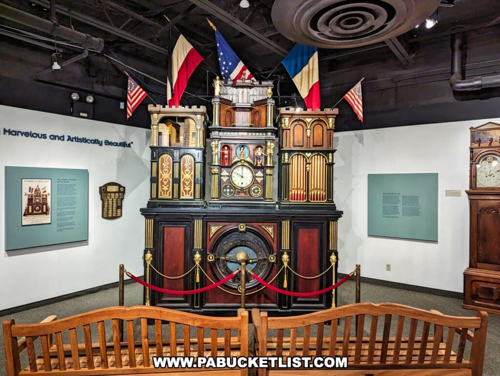 The Engle Clock exhibit at the National Watch and Clock Museum in Lancaster County, Pennsylvania, showcases an elaborate and large clock known for its intricate design and mechanical artistry. The clock, housed in a detailed cabinet, features multiple dials, figurines, and ornate decorations. Above the clock, flags are displayed, adding to the grandeur of the exhibit. Informational plaques and signage on the walls provide historical context and details about the clock's creation and significance. A wooden bench is positioned in front of the exhibit, allowing visitors to sit and admire the marvel of the Engle Clock. The exhibit is highlighted by a well-lit environment, emphasizing the clock's artistic beauty and mechanical complexity.