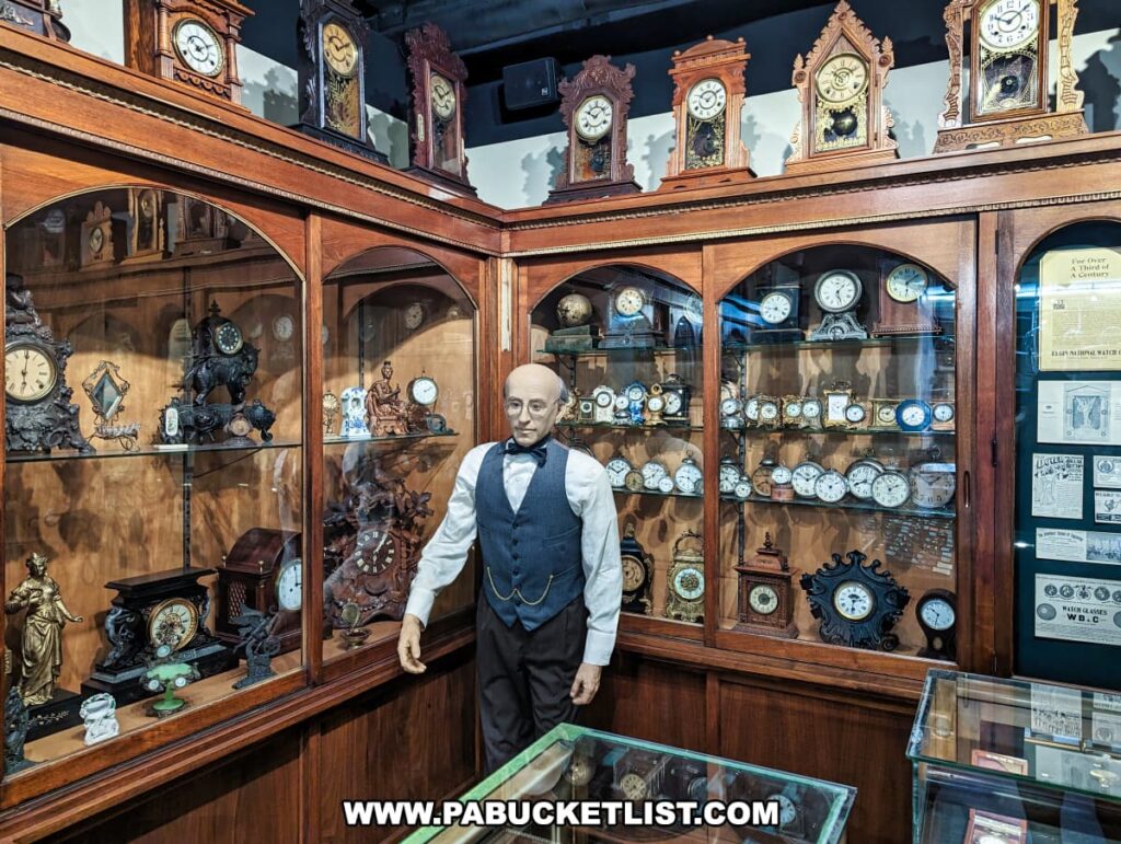 A diorama at the National Watch and Clock Museum in Lancaster County, Pennsylvania, depicting a historical watch and clock shop. The display features an intricately designed wooden cabinet filled with a variety of clocks and watches, showcasing different styles and time periods. At the center, a mannequin dressed in period clothing represents a clockmaker or shopkeeper. The shelves are lined with ornate mantel clocks, pocket watches, and other timekeeping devices, while the upper section of the cabinet displays larger clocks. The exhibit is well-lit, highlighting the detailed craftsmanship of the clocks and creating an immersive experience that transports visitors back in time to an old-fashioned clock shop. Informational panels provide context about the historical significance of the pieces on display.