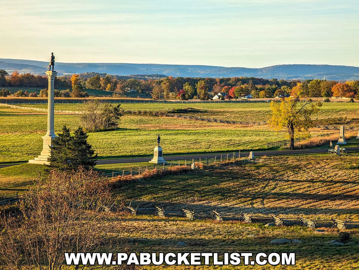 The photo shows a panoramic view of the Gettysburg battlefield, taken from the top of the Pennsylvania Monument. In the foreground, there is a tall column topped with a statue of a Union soldier, along with additional smaller monuments and statues scattered across the fields. The landscape is characterized by lush green grass, split-rail fences, and autumn trees with colorful foliage. The distant rolling hills and clear blue sky complete the scenic and historic view of this significant Civil War site.