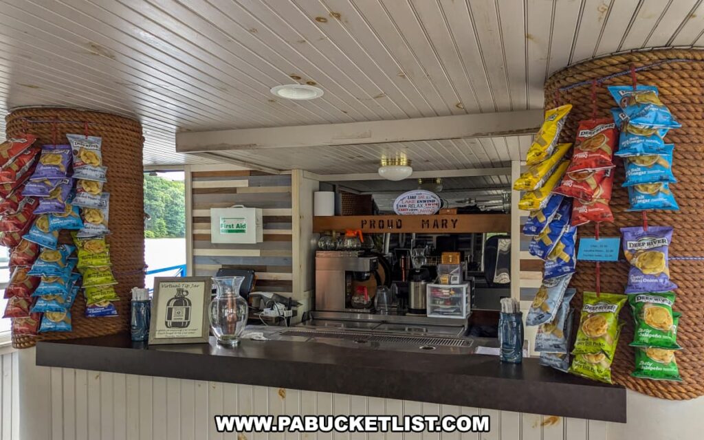 The snack bar on the Proud Mary Showboat, featuring a variety of chips hanging from display ropes and a counter with a tip jar, beverage machine, and other refreshments. The area is well-lit with natural light coming from the surrounding windows, providing a glimpse of the scenic lake view outside.