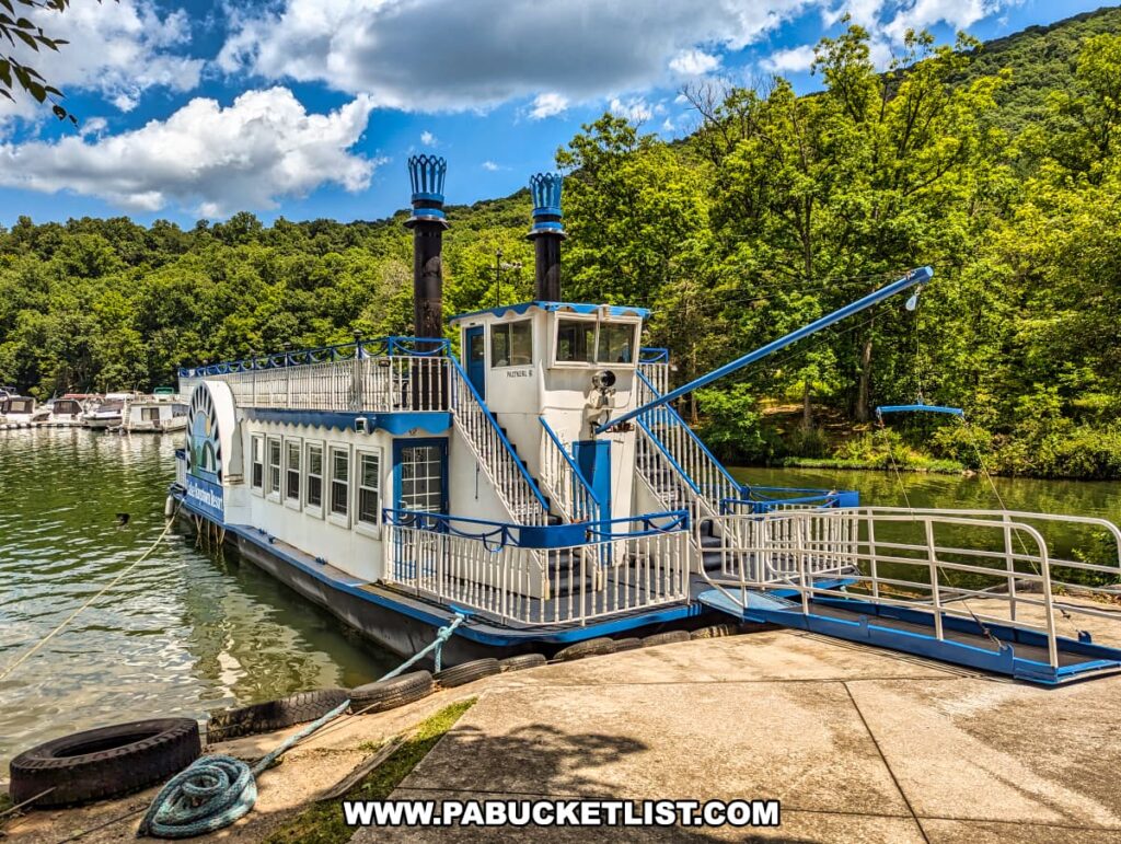 The Proud Mary Showboat docked at Raystown Lake, featuring a white and blue exterior with two black smokestacks and large windows along its sides. The boarding ramp extends onto the dock, surrounded by lush green trees and calm waters, under a bright blue sky with scattered clouds.