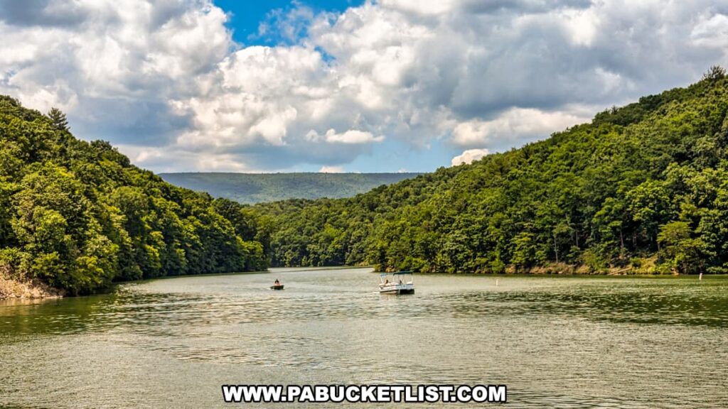 A picturesque view from the Proud Mary Showboat on Raystown Lake, featuring serene waters surrounded by densely forested hills. Several small boats are visible on the lake, with a backdrop of rolling hills under a partly cloudy sky.