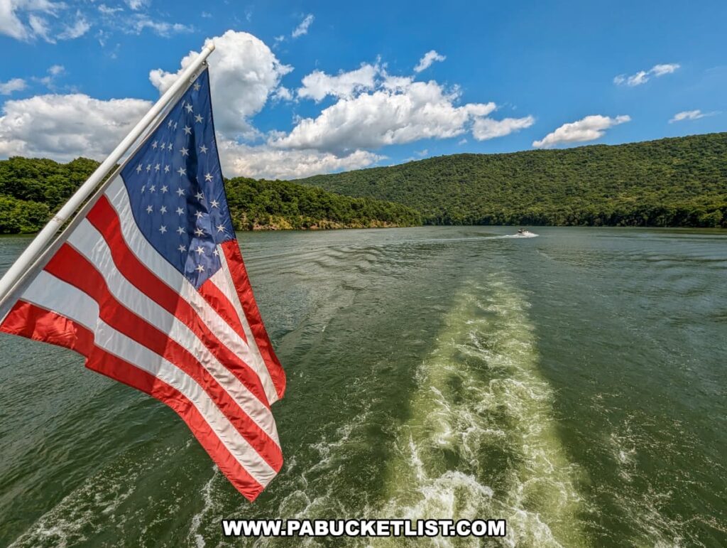 An American flag waves from the stern of the Proud Mary Showboat as it cruises on Raystown Lake. The boat's wake creates ripples in the water, with green forested hills lining the shores and a bright blue sky filled with fluffy white clouds overhead.