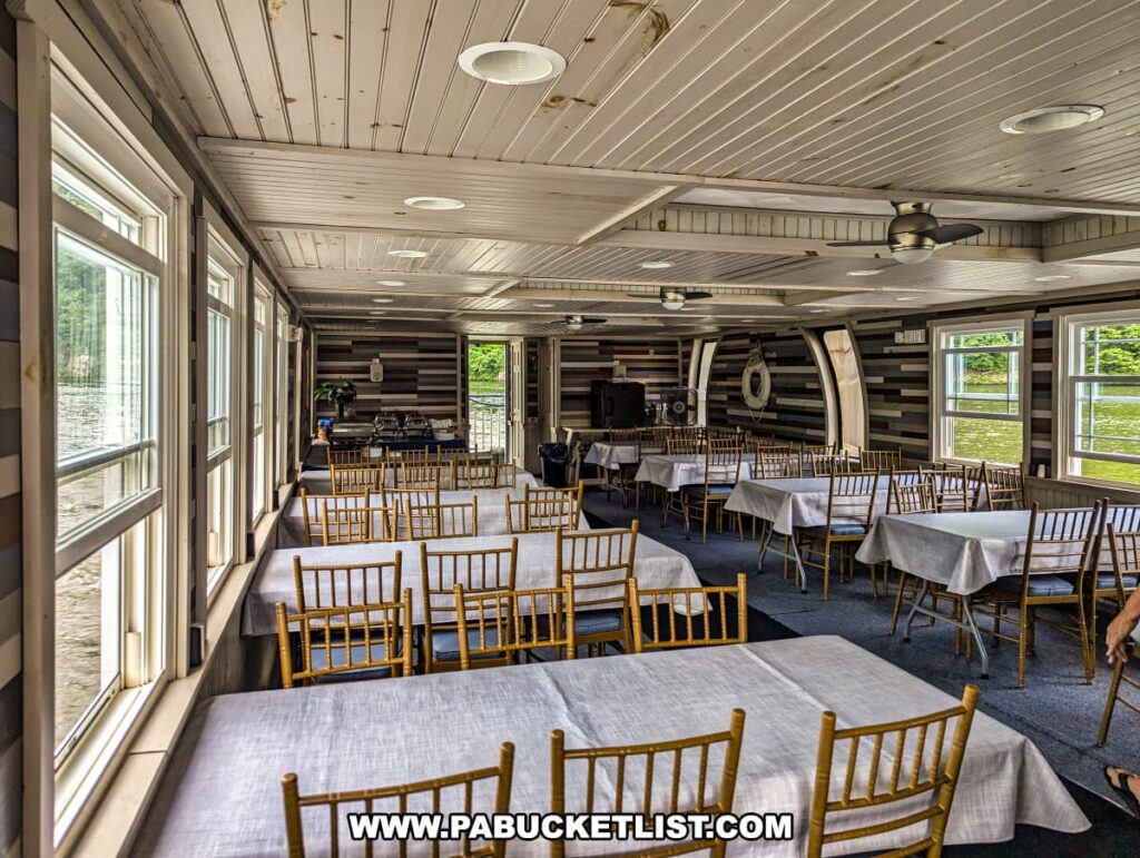 The interior dining area on the lower level of the Proud Mary Showboat, featuring tables covered with white tablecloths and surrounded by wooden chairs. Large windows line the walls, offering views of the scenic Raystown Lake outside. The ceiling has a wooden finish, and the space is well-lit with natural light.