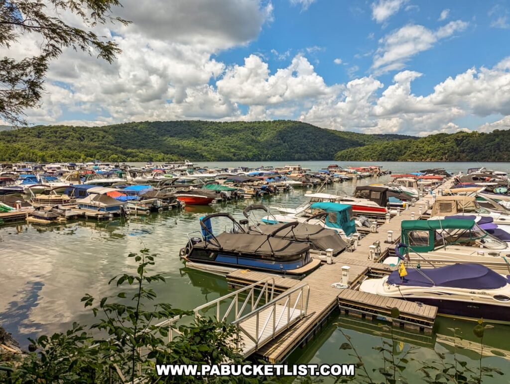 A busy marina at Raystown Lake filled with various boats docked along multiple piers. The scene is framed by green, forested hills under a partly cloudy blue sky. The water is calm, reflecting the colorful boats and surrounding landscape.
