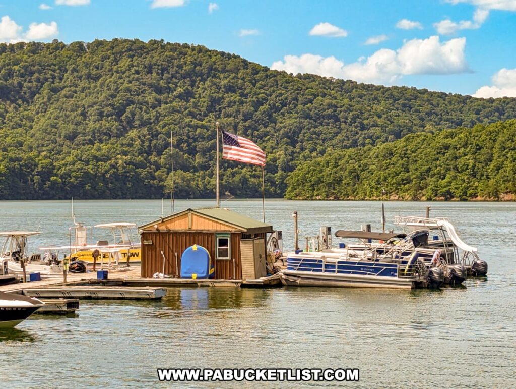 A docked houseboat at Raystown Lake flying an American flag, surrounded by various boats. The background features lush, forested hills under a bright blue sky with scattered clouds, creating a serene and picturesque scene on the lake.