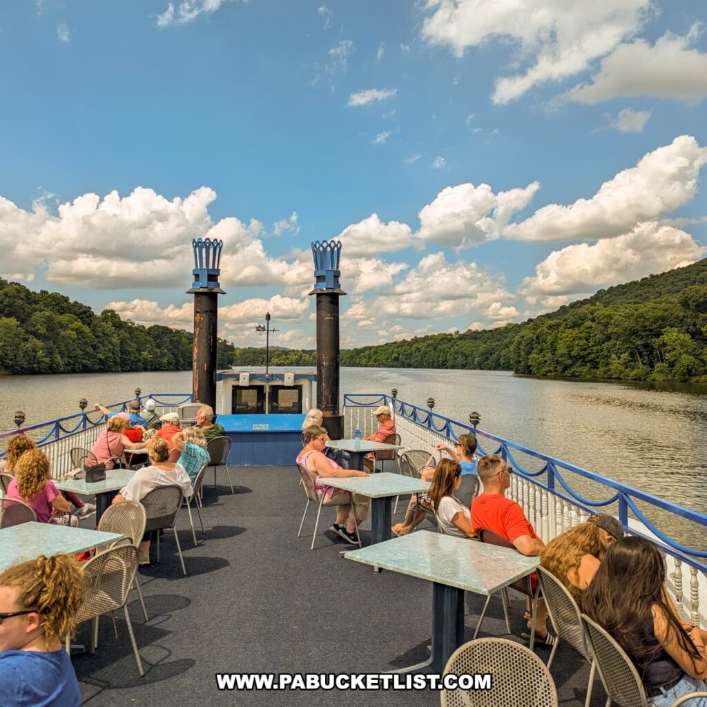 Passengers enjoy the open-air upper deck of the Proud Mary Showboat, seated at tables and taking in the scenic views of Raystown Lake. The boat cruises along the calm waters, surrounded by green hills under a bright blue sky with fluffy white clouds. The showboat's two black smokestacks and blue railings add to the picturesque setting.