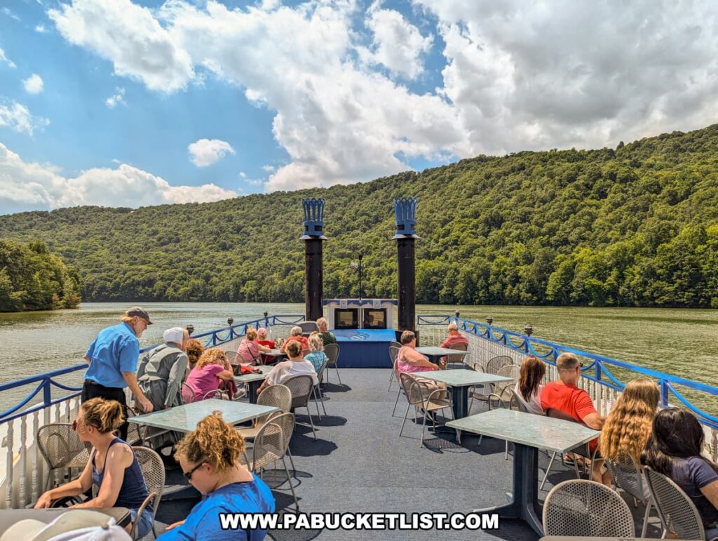 Passengers enjoying the open-air upper deck of the Proud Mary Showboat, seated at tables and taking in the scenic views of Raystown Lake. The boat cruises along the calm waters, surrounded by lush green hills under a partly cloudy blue sky. Two black smokestacks and blue railings add to the boat's nautical charm.
