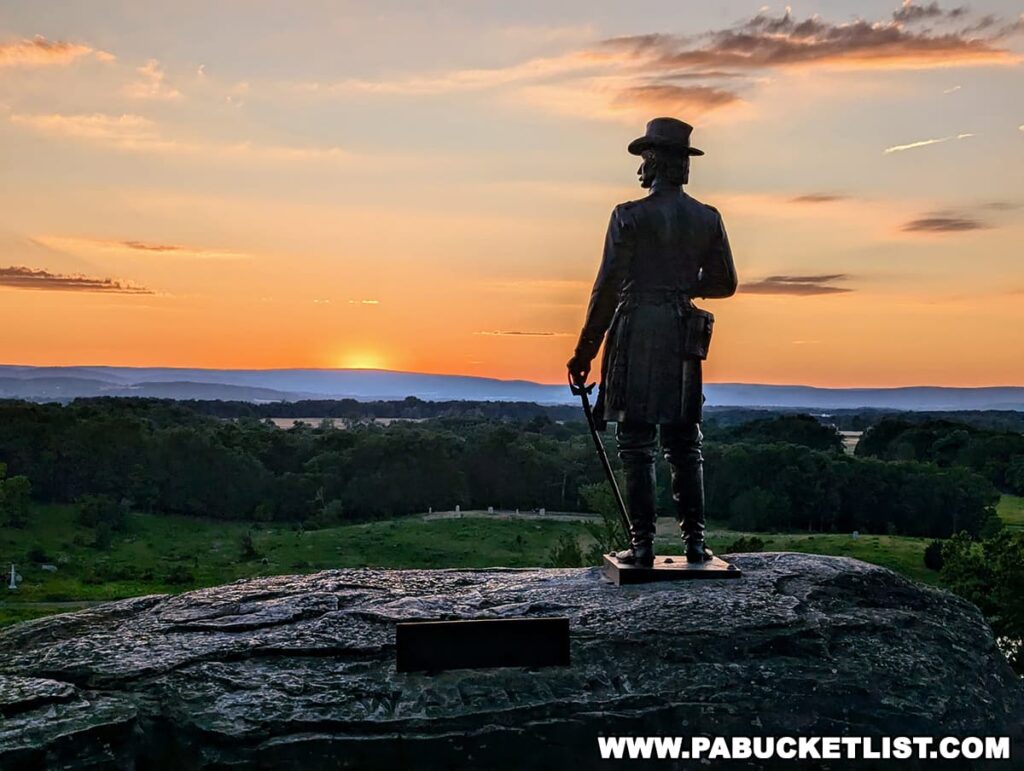 The photo shows a statue of General Warren standing on Little Round Top in Gettysburg National Military Park during sunset. The statue is positioned on a large rock, overlooking the expansive battlefield below. The officer holds a sword and gazes towards the horizon, where the sun is setting behind distant hills, casting a warm orange glow across the sky. The landscape below is filled with lush greenery and rolling fields, creating a serene and reflective atmosphere. The scene captures the historical significance and natural beauty of this iconic location at a poignant moment.
