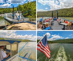 A collage of four photos capturing various scenes onboard the Proud Mary Showboat at Raystown Lake. The top left image shows the showboat docked with a clear blue sky above. The top right image depicts passengers enjoying the open-air upper deck, surrounded by green hills and calm waters. The bottom left image features the captain in the control room, with a view of the lake and surrounding landscape. The bottom right image shows an American flag waving from the stern, with the boat's wake trailing behind against a backdrop of lush green hills and a partly cloudy sky.