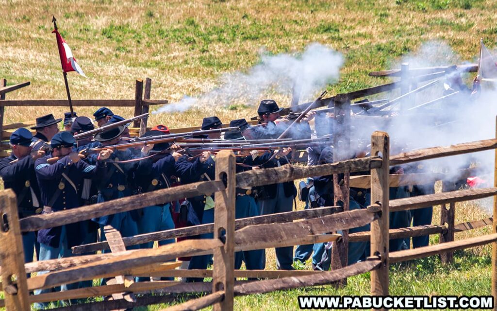 Union infantry reenactors in blue uniforms fire their rifles from behind a wooden fence during the Battle of Gettysburg reenactment at the historic Daniel Lady Farm in Adams County, PA. Smoke from the gunfire fills the air as the soldiers participate in the historical event, creating an authentic Civil War battlefield atmosphere. The grassy field and period-appropriate attire add to the realism of the reenactment.