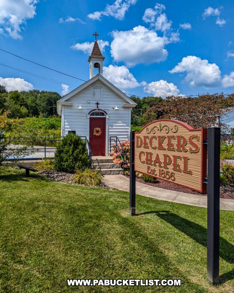 Deckers Chapel, the smallest church in Pennsylvania, is seen from a front angle with its quaint white exterior and small belfry topped by a cross. The chapel's red door, adorned with a seasonal wreath, is accessible via stone steps flanked by black metal railings. A sign in the foreground reads "Deckers Chapel Est. 1856," emphasizing the historic nature of the site. The chapel is surrounded by well-manicured landscaping, including blooming flowers and neatly trimmed bushes. The bright blue sky with scattered clouds adds to the picturesque and peaceful atmosphere of this charming and historic location.