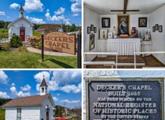 A collage of four photos showcasing Deckers Chapel in Elk County, Pennsylvania. The top left image features the chapel's front view, with its white exterior, red door, and surrounding greenery, along with a sign reading "Deckers Chapel Est. 1856." The top right image provides an interior view of the chapel, highlighting a simple altar adorned with religious statues, a large painting of the Virgin Mary, and framed religious images on the walls. The bottom left image shows a side angle of the chapel, emphasizing its small size and the charming belfry with a cross. The bottom right image displays a plaque mounted on the chapel, indicating its inclusion on the National Register of Historic Places, recognizing the building's historical significance since its construction in 1856. The collage captures both the exterior and interior beauty of this historic and quaint church.