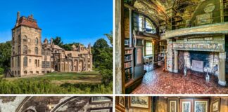 A collage of four images showcasing different aspects of Fonthill Castle in Bucks County, Pennsylvania. The top left image displays the castle's striking exterior, highlighting its unique architecture under a clear blue sky. The top right image captures the detailed interior of a room with a grand fireplace, surrounded by bookshelves and intricate tile work. The bottom left image shows a hallway with a wooden door, vaulted ceilings, and ornate tiles adorning the walls. The bottom right image presents a cozy bedroom, complete with a single bed, antique furniture, and framed artwork on the walls, showcasing the historical and artistic ambiance of the castle.