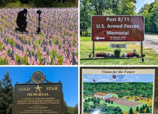 A collage of four photos taken at Patriot Park in Somerset County, Pennsylvania, each representing different elements of the park's dedication to honoring America's Post 9-11 Global War on Terrorism Armed Forces. The top left image features a field of American flags with a silhouette of a kneeling soldier and a battlefield cross, symbolizing respect and remembrance. The top right image shows the park's entrance sign directing visitors to the "Post 9/11 U.S. Armed Forces Memorial," accompanied by an American flag and a military Humvee. The bottom left image highlights a Gold Star Memorial plaque, dedicated to families who have lost loved ones in defense of the United States. The bottom right image illustrates the park's future vision, showcasing plans for expansion, including a visitor center and additional memorials. The collage encapsulates the park's mission to honor the sacrifices of those who served and their families.