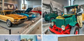 A collage of four photos showcasing different exhibits at the America on Wheels transportation museum in Allentown, Pennsylvania. The top left image displays a lineup of classic cars, including a gold Shelby GT500 Mustang, with their hoods open for viewing. The top right image features two vintage Mack trucks, with one in green and another in red, accompanied by a mannequin dressed in period attire. The bottom left image captures a dynamic display of a yellow Suzuki dirt bike, seemingly in mid-jump, with a rider in full gear. The bottom right image is an exterior view of the museum building, with its modern architectural design and the museum's name prominently displayed on the facade. The collage reflects the diverse range of exhibits at the museum, celebrating the history and impact of over-the-road transportation in the United States.