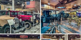 A collage of four photos from the Boyertown Museum of Historic Vehicles in Berks County, Pennsylvania. The top left image shows a lineup of vintage Ford cars with an American flag hanging above them, highlighting the museum's classic car collection. The top right image features a horse-drawn carriage exhibit, with a black horse figure in harness next to various carriages displayed in a rustic, wooden interior. The bottom left image displays military and service vehicles, including a green military jeep and an ambulance, set against the backdrop of the museum's signage. The bottom right image showcases a row of gleaming classic cars, focusing on a black vintage automobile, with other colorful cars arranged neatly in the background. The collage captures the diversity of the museum's exhibits, from early transportation to mid-20th century vehicles.