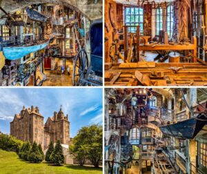 A collage of four photos showcasing various aspects of the Mercer Museum in Bucks County, Pennsylvania. The top left image displays the museum's interior, highlighting suspended artifacts such as boats and carriages within the concrete structure. The top right photo features a collection of vintage woodworking tools arranged on workbenches and walls, reflecting early American craftsmanship. The bottom left image captures the exterior view of the Mercer Museum, with its distinctive six-story reinforced concrete castle-like architecture amidst greenery. The bottom right photo offers another perspective of the museum's interior, showcasing more suspended artifacts and the intricate design of the museum space. This collage collectively illustrates the museum's dedication to preserving and showcasing pre-Industrial American material culture through its extensive collection of tools and artifacts.