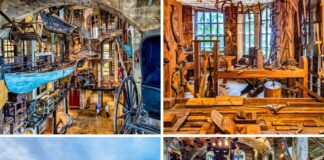 A collage of four photos showcasing various aspects of the Mercer Museum in Bucks County, Pennsylvania. The top left image displays the museum's interior, highlighting suspended artifacts such as boats and carriages within the concrete structure. The top right photo features a collection of vintage woodworking tools arranged on workbenches and walls, reflecting early American craftsmanship. The bottom left image captures the exterior view of the Mercer Museum, with its distinctive six-story reinforced concrete castle-like architecture amidst greenery. The bottom right photo offers another perspective of the museum's interior, showcasing more suspended artifacts and the intricate design of the museum space. This collage collectively illustrates the museum's dedication to preserving and showcasing pre-Industrial American material culture through its extensive collection of tools and artifacts.