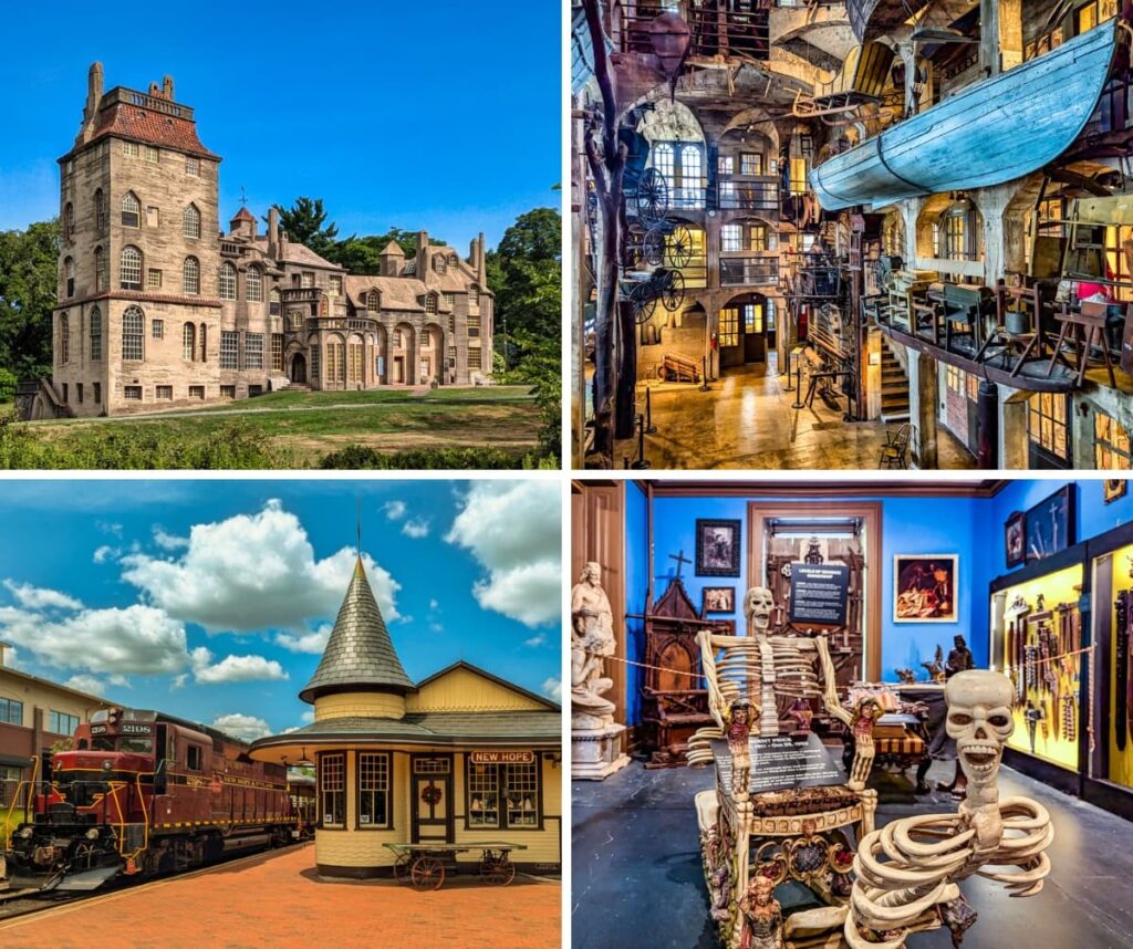 A collage featuring must-see attractions in Bucks County, Pennsylvania: The impressive Fonthill Castle with its unique architecture and sprawling lawn; the interior of the Mercer Museum showcasing an eclectic collection of artifacts and a suspended boat; the charming New Hope Railroad station with a classic train engine and a historic ticket booth under a bright blue sky; and a spooky display at the Vampire and Paranormal Museum, featuring skeletons and eerie artifacts in a dimly lit room.