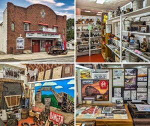 A collage of four images from the Broad Top Area Coal Miners Museum in Huntingdon County, PA. The top-left image shows the museum's exterior, housed in the former Reality Theatre, with the marquee and a mining cart displayed out front. The top-right image features shelves filled with coal mining artifacts, including lunch pails, lanterns, and miniature mining models. The bottom-left image highlights a diorama depicting miners and their mules alongside vintage mining tools and safety signage. The bottom-right image displays a railroad exhibit with maps, photographs, and memorabilia related to the Pennsylvania Railroad and the transportation of coal from the Broad Top region.