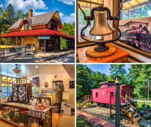 A collage of four photos taken at the Ligonier Valley Railroad Museum showcases various aspects of the museum's exhibits and historical preservation. The top left photo features the restored Darlington Station, which houses the museum, with its distinctive yellow exterior and red roof. The top right photo highlights a historic bell from a Ligonier Valley Railroad locomotive, displayed inside the museum with a vintage photograph of a steam engine in the background. The bottom left photo provides an interior view of the museum, displaying artifacts, photographs, and historical exhibits related to the Ligonier Valley Railroad. The bottom right photo captures the red 1905 Bobber Caboose, an outdoor exhibit at the museum, with a bell mounted on a post in the foreground, symbolizing the railroad's rich history. The collage collectively emphasizes the museum's dedication to preserving and interpreting the history of the Ligonier Valley Rail Road.