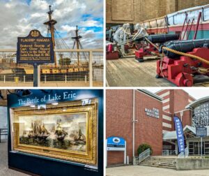 Collage of four photos taken at the Erie Maritime Museum in Erie, Pennsylvania. The top left photo shows a historical marker for the Brig Niagara, the restored flagship of Commodore Oliver Hazard Perry during the Battle of Lake Erie, with the ship docked behind it. The top right photo depicts a detailed exhibit featuring cannons and lifelike figures recreating the ship's crew in action. The bottom left photo showcases a large painting depicting the Battle of Lake Erie, displayed prominently within the museum. The bottom right photo captures the museum’s front entrance, with its brick exterior, "Museum Open" flag, and signage, inviting visitors to explore Erie's rich maritime history.
