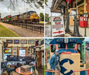 Collage of four images taken at the Lake Shore Railway Museum in North East, Erie County, Pennsylvania. The top-left photo shows a CSX freight train passing by the museum along a brick pathway and fence. The top-right photo captures the museum entrance with vintage railway signals and a sign indicating the museum is open. The bottom-left photo features an interior display with railroad artifacts, including model trains and vintage signage, set against walls decorated with framed historic photographs. The bottom-right image shows a person standing on the front of a Chessie System locomotive, showcasing the museum’s interactive locomotive displays.