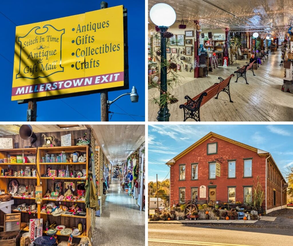 A collage of four photos showcasing the Stitch in Time Antique and Gift Mall in Millerstown, Pennsylvania. The top left image shows a large yellow sign for the mall, advertising antiques, gifts, collectibles, and crafts, with directions to the Millerstown exit. The top right photo captures a cozy interior view with string lights, benches, and vendor booths filled with vintage items, creating a welcoming ambiance. The bottom left image highlights a well-stocked vendor booth with shelves of vintage glassware, figurines, and various collectibles, offering a glimpse into the diverse items available. The bottom right photo displays the exterior of the red-brick building, decorated with autumnal elements like pumpkins and corn stalks, which enhance the inviting atmosphere. This collage provides an overview of the mall’s charming setting and extensive collection of unique treasures.