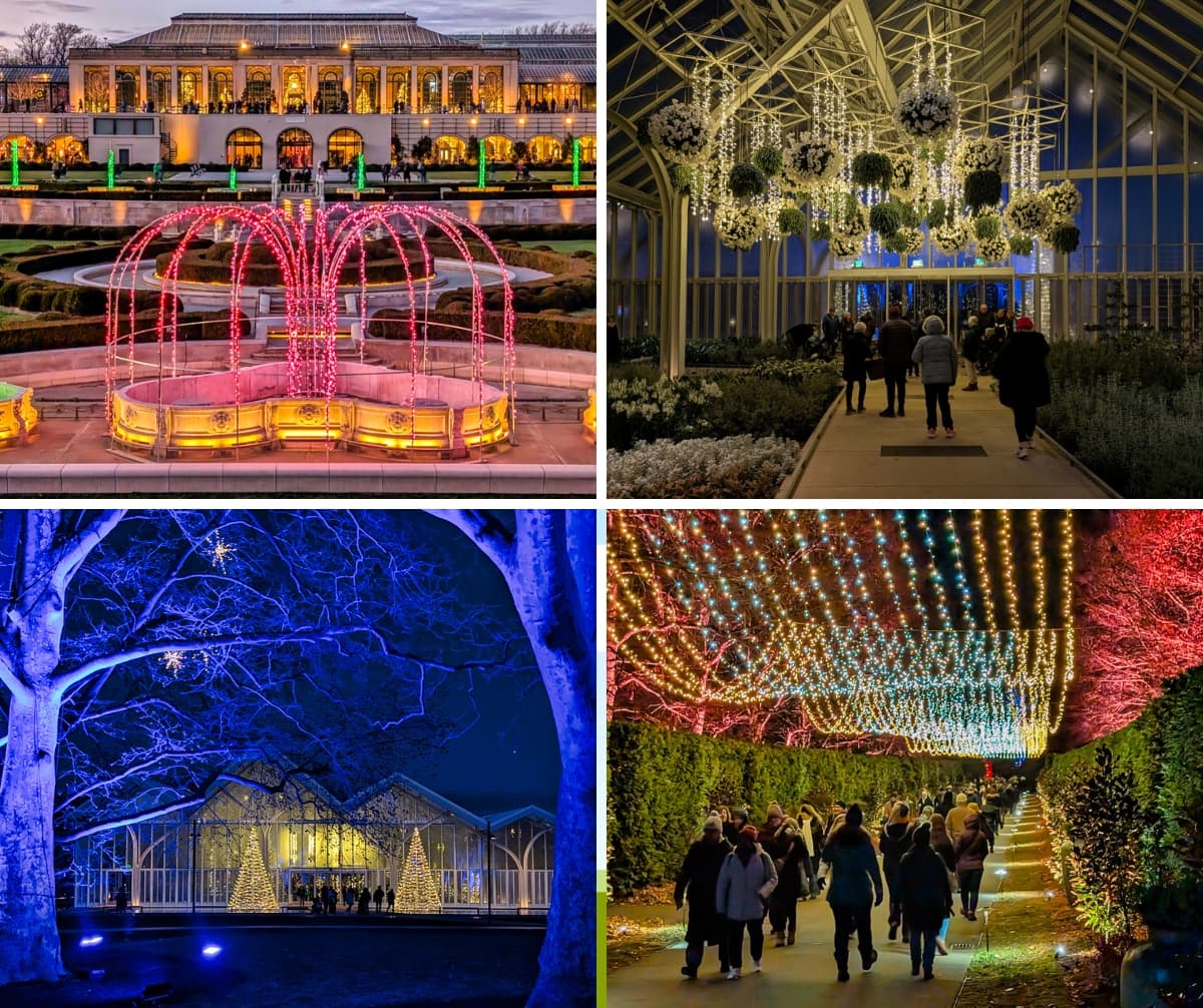 A collage of four photos showcasing Longwood Gardens at Christmas, featuring the grand fountain garden illuminated with festive red and green lights, the West Conservatory adorned with hanging floral and light arrangements, the conservatory framed by blue-lit trees and glowing Christmas decorations, and a vibrant walkway covered with a dazzling canopy of multicolored lights, creating a magical holiday atmosphere.