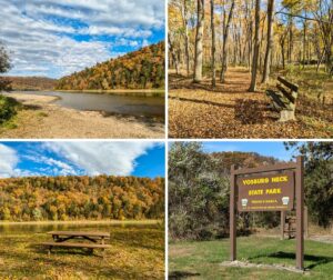 A collage of four photos showcasing Vosburg Neck State Park in Wyoming County, PA, featuring a scenic river view with autumn foliage, a forest trail with a wooden bench surrounded by fallen leaves, a picnic table near the Susquehanna River with colorful hills in the background, and the park’s entrance sign framed by greenery and trees.