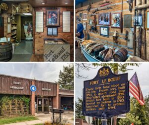 A collage of four photos taken at the Fort LeBoeuf Historical Museum in Erie County, Pennsylvania. The top left photo shows the museum's interior with a display of George Washington’s 1753 mission, featuring a diorama, framed documents, and artifacts. The top right photo displays a wall exhibit with fur trade artifacts, including pelts, tools, muskets, and a mannequin dressed in a French colonial uniform. The bottom left photo features the exterior of the Fort LeBoeuf Museum, a brick and wood building with flags and historical signage. The bottom right photo highlights a Pennsylvania historical marker describing the three forts that once stood at the site, including the original 1753 French fort, its abandonment, and subsequent British and American forts.