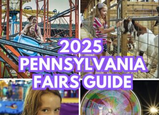 A collage of 4 photos from various fairs across Pennsylvania, representing the 2025 Pennsylvania Fairs Guide.