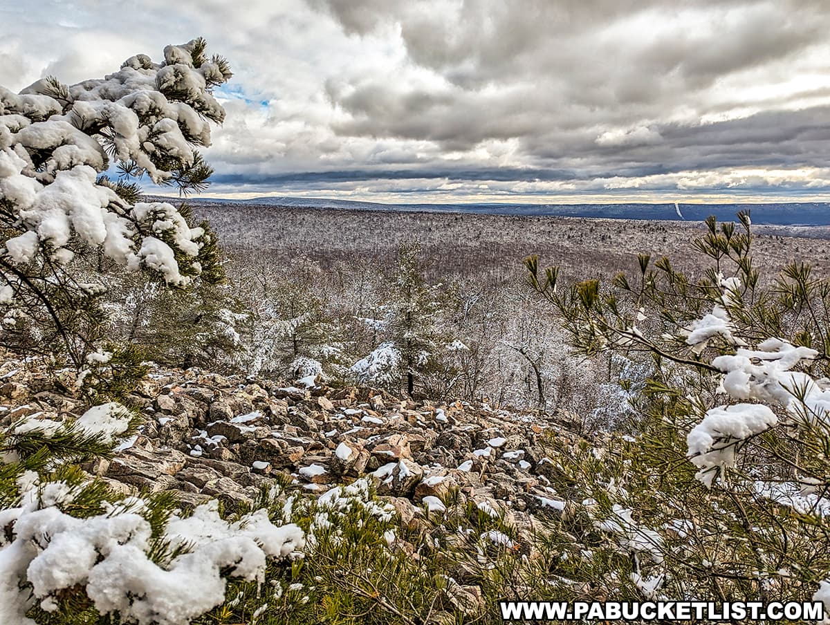 Snow-covered trees and rocky terrain leading to a panoramic view of a forested valley under a dramatic, cloudy winter sky along the Jackson Trail in Rothrock State Forest, Huntingdon County, Pennsylvania.