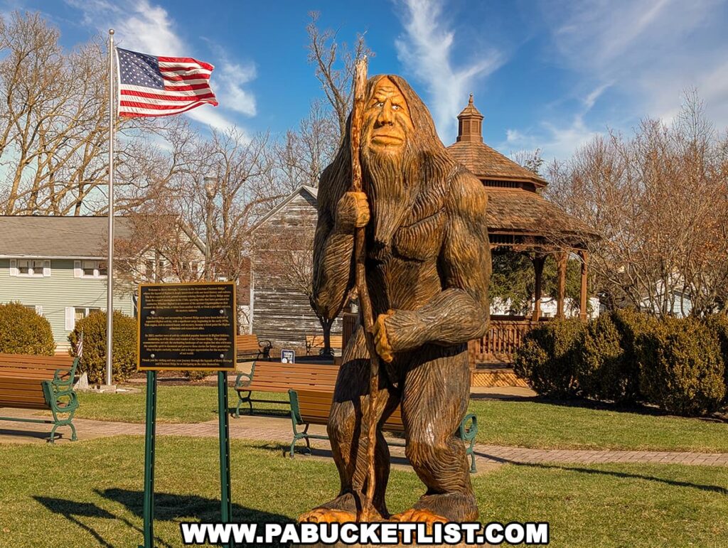 A photograph of the Derry Bigfoot statue in Derry Borough, Westmoreland County, Pennsylvania, featuring a towering wooden sculpture of Bigfoot with long hair, a muscular build, and a stoic expression. The statue holds a tall wooden staff and stands in a park setting with an informational plaque nearby detailing the area's Bigfoot lore. In the background, an American flag waves on a flagpole, a wooden gazebo sits among leafless trees, and several park benches line a paved walkway. The bright blue sky and well-manicured green grass enhance the setting, making the statue a striking roadside attraction.